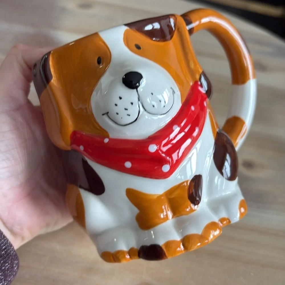 Vintage Pier 1 One Brown & White Dog w/Red Bandanna Earthenware Mug cup 16 oz